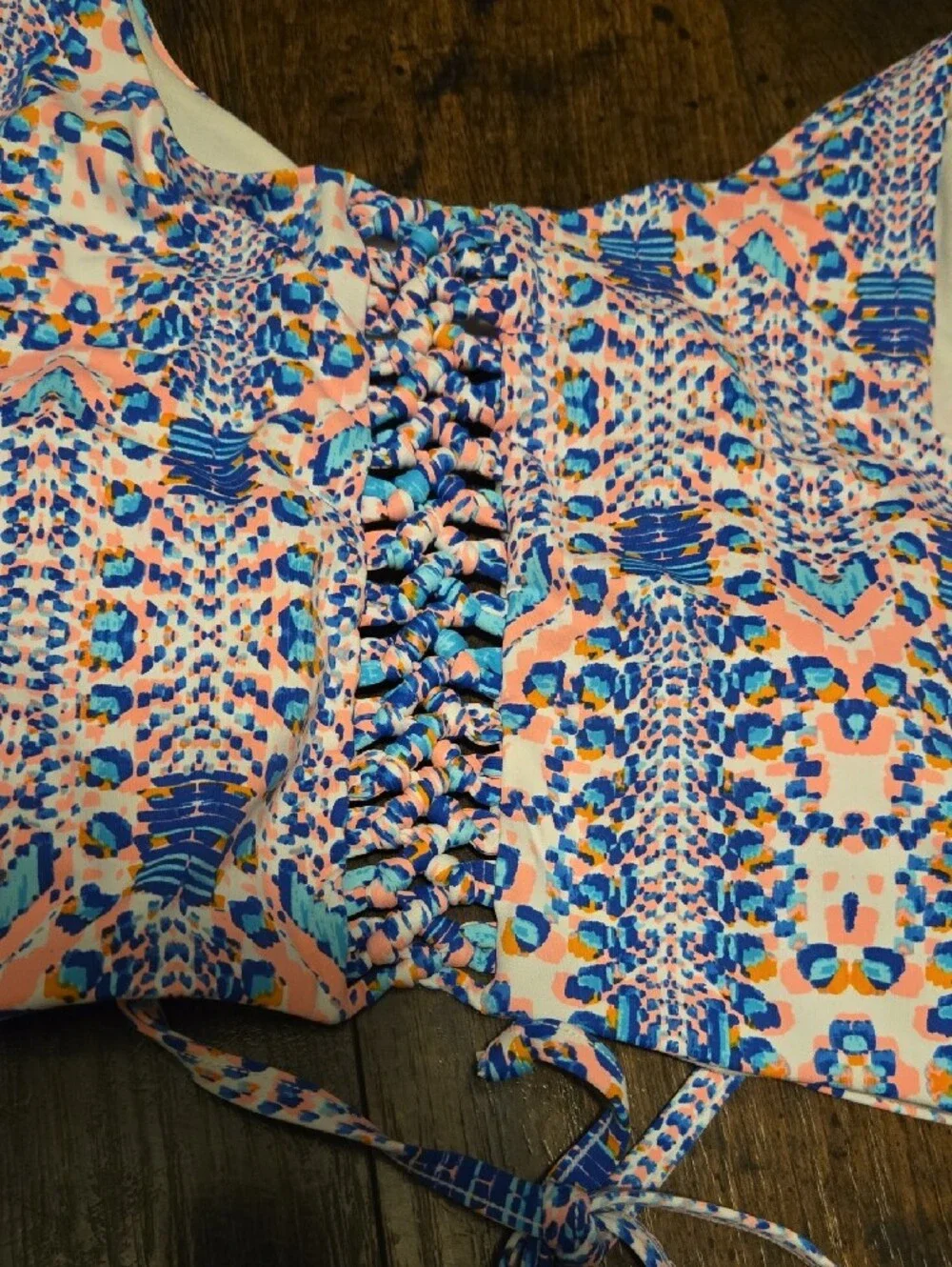 High-Neck Printed Bikini Set in Blue & Pink